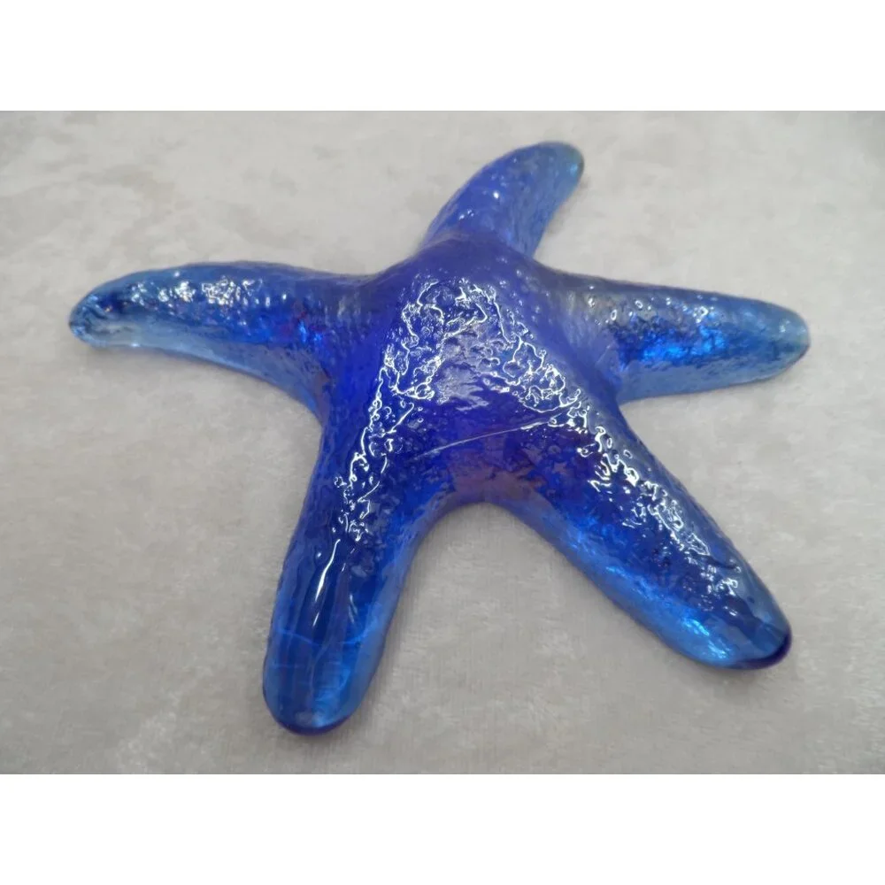 Iridescent Blue Glass Starfish with Small Blue Glass Starfish Set of 2 Coastal - Picture 2 of 7